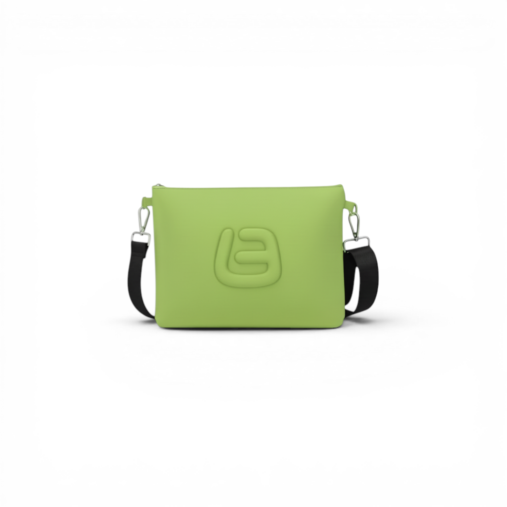 Dancefloor Shop matcha green neoprene crossbody bag with embossed logo and adjustable strap.