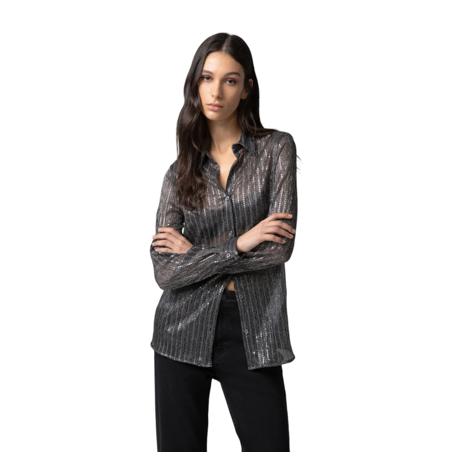GAABW11242 - GAELLE PARIS CAMICIA PAILETTES NERO-ARGENTO