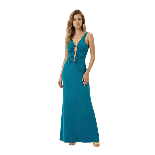 SW0126PT - ME FUI VESTITO LUNGO CUT-OUT PERLINE PETROLIO