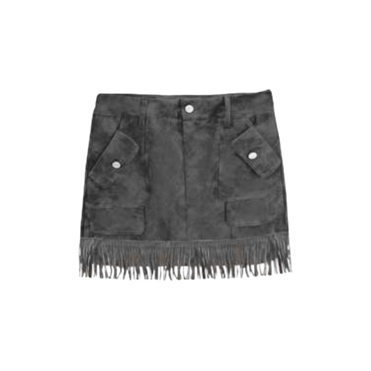 S703GR - Le Voliere Grey vintage faux leather skirt with fringes