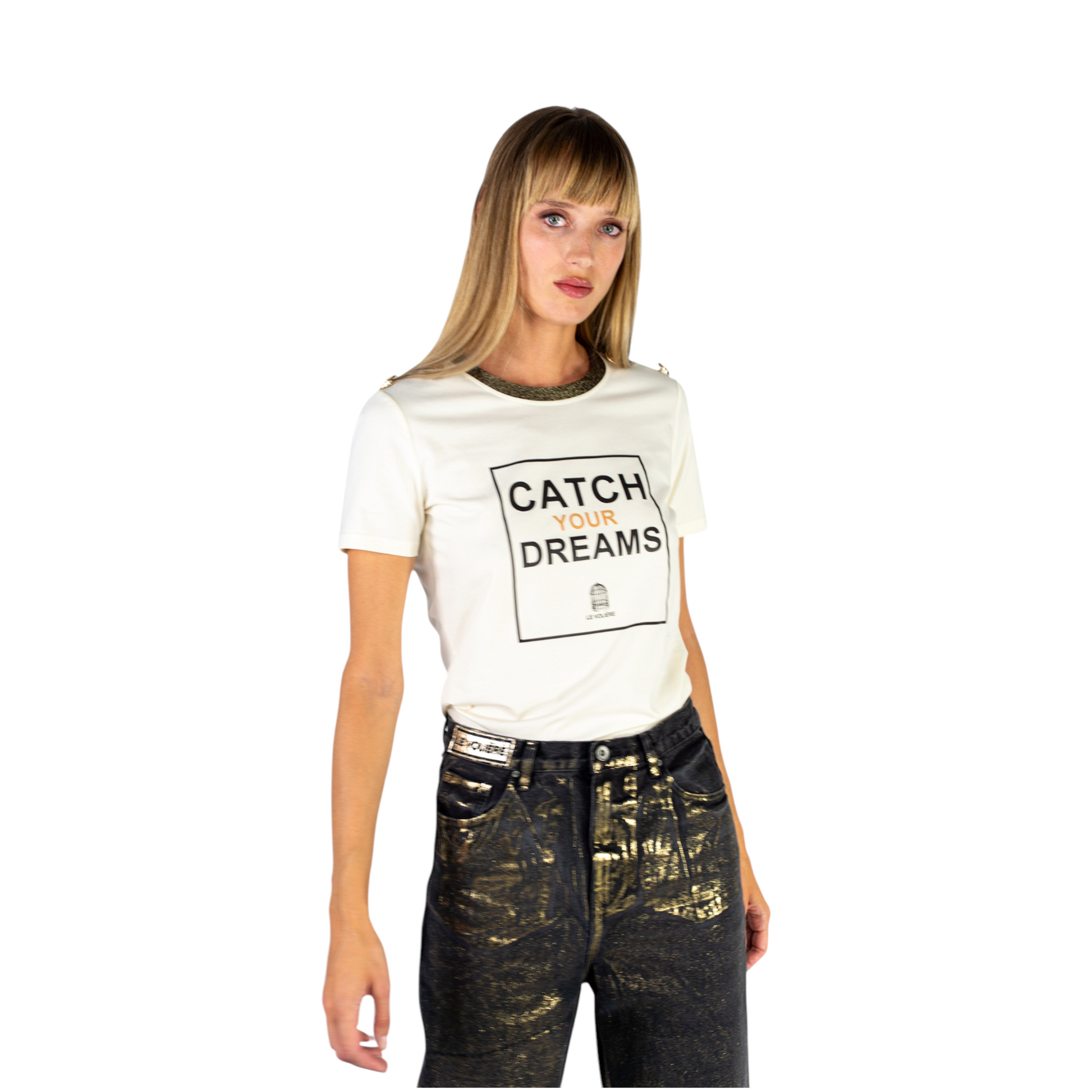 T733WH - Le Voliere White Catch your-dreams print t-shirt