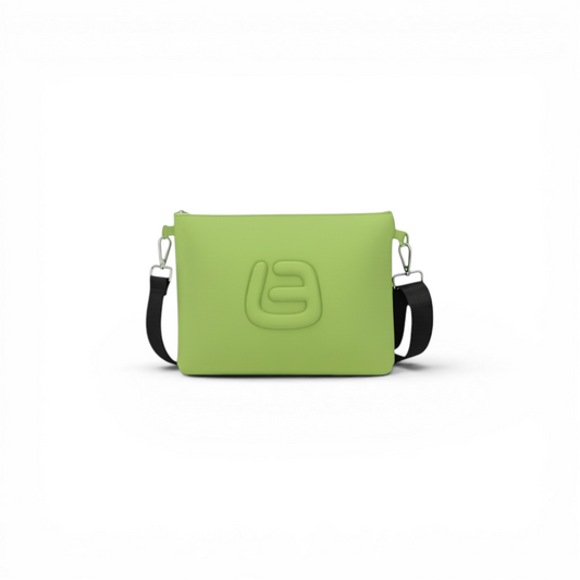 Dancefloor Shop matcha green neoprene crossbody bag with embossed logo and adjustable strap.